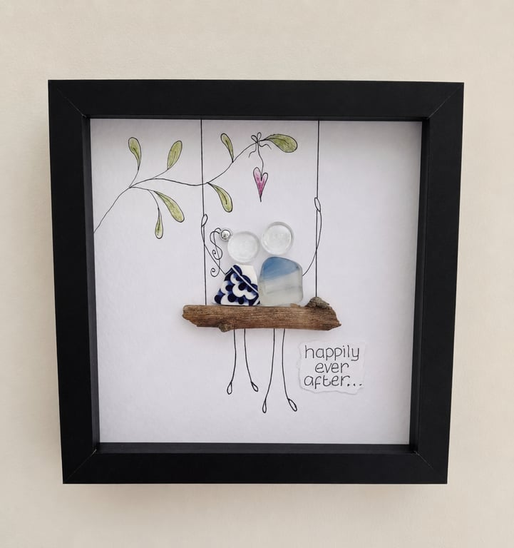 Sea Glass Wedding Gift - Happily Ever After Shadow Box - Handmade Anniversary