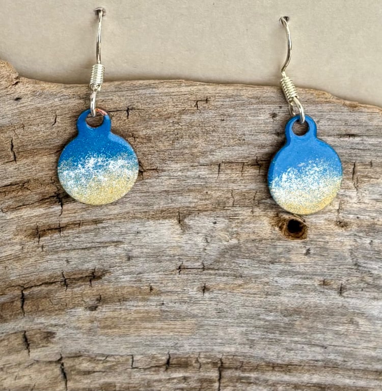 Hand enamelled sea beach earrings on sterling silver ear hooks 