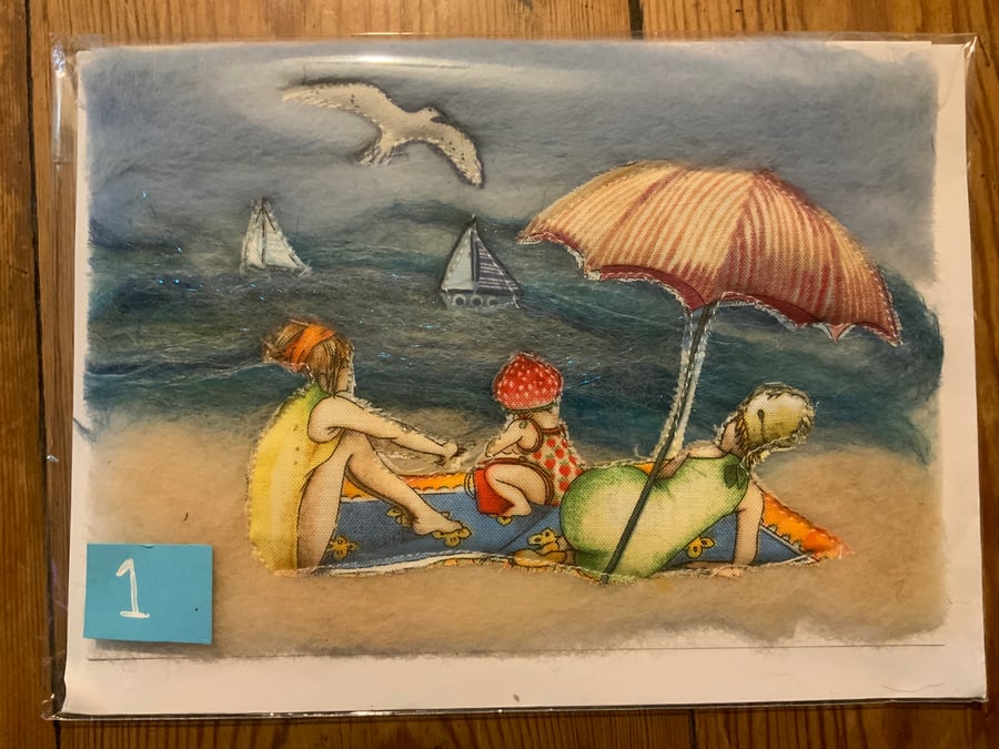 Beach ladies cards.  Felted beach scene with fruity beach ladies. Blank inside.