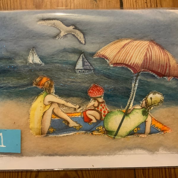 Beach ladies cards.  Felted beach scene with fruity beach ladies. Blank inside.