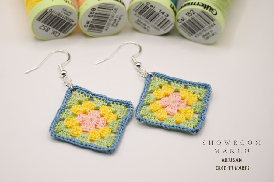 crochet earrings in granny square style, sterling silver hooks, hypoallergenic 