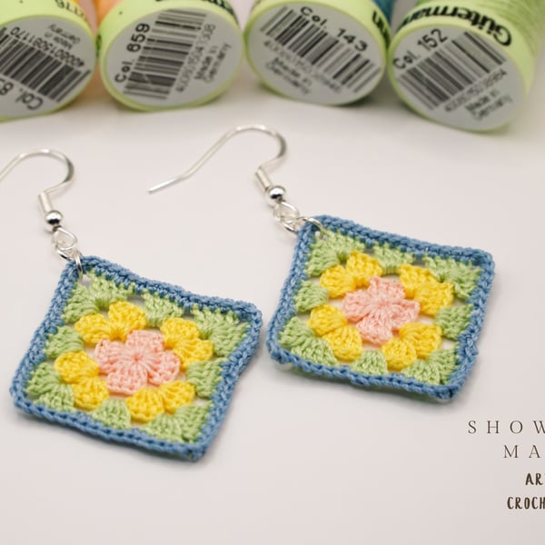 crochet earrings in granny square style, sterling silver hooks, hypoallergenic 