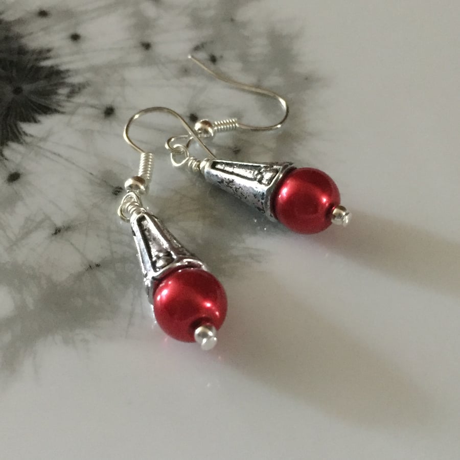 Pearl earrings, Drop earrings, Red earrings