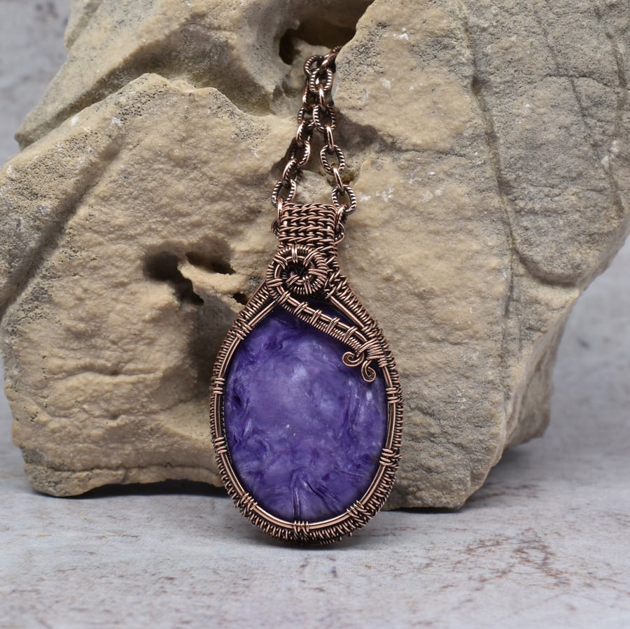 Purple Charoite and Copper Woven Pendant on a Copper Chain