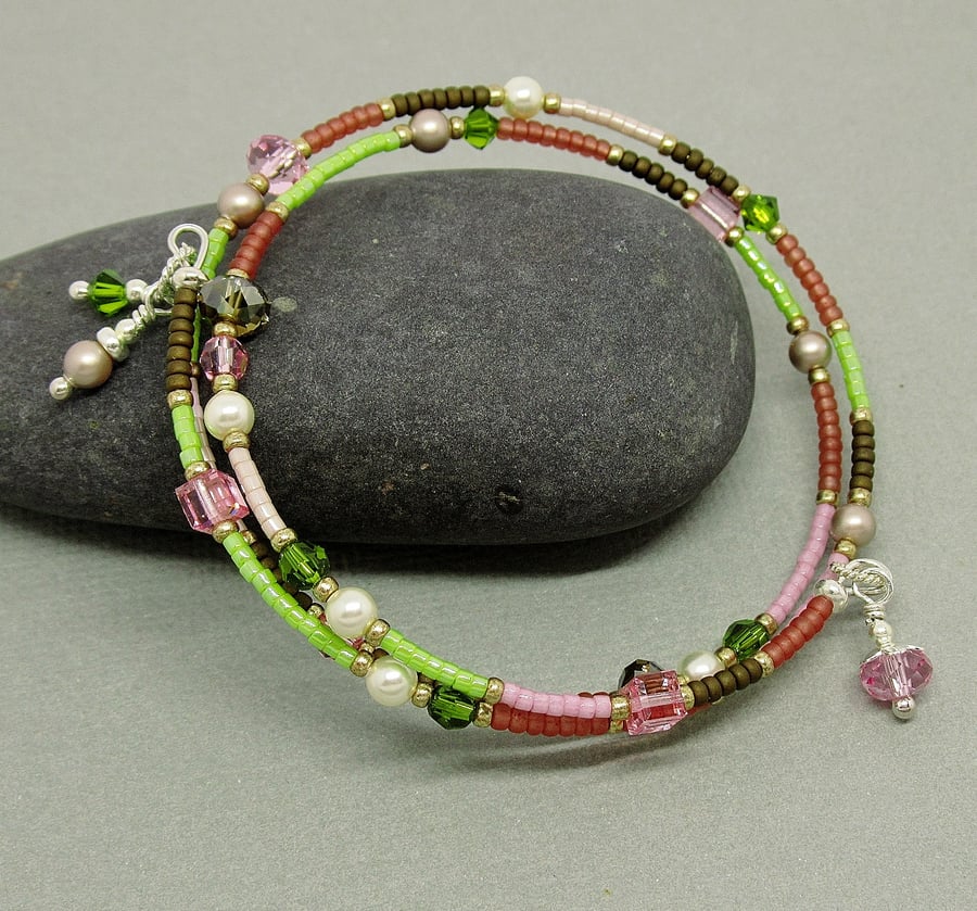 Pink and Green Glass Bead Silver Memory Wire Bracelet