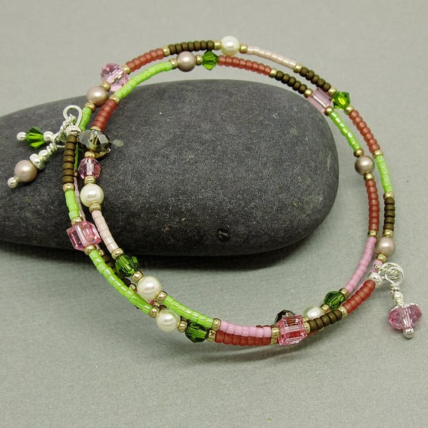 Pink and Green Glass Bead Silver Memory Wire Bracelet