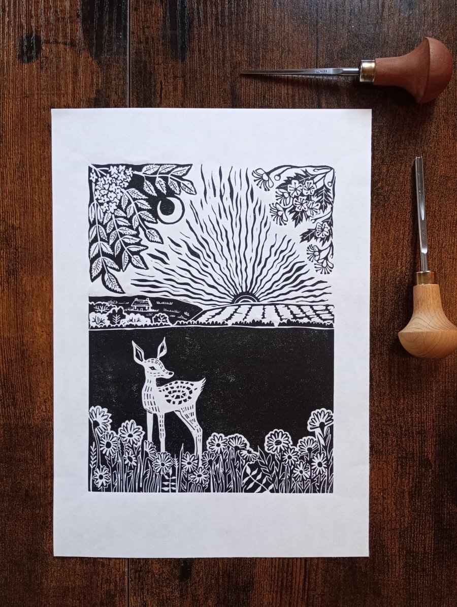 Handmade linocut print - Beltane deer in May