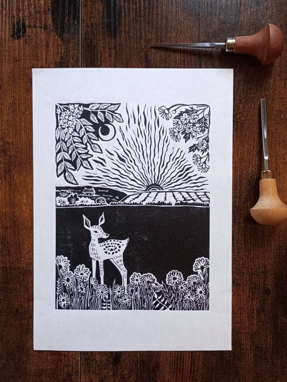 Handmade linocut print - Beltane deer in May