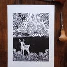 Handmade linocut print - Beltane deer in May