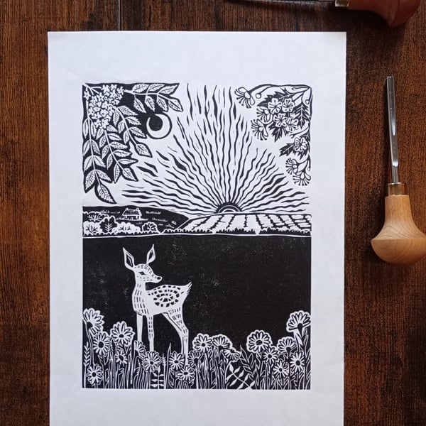 Handmade linocut print - Beltane deer in May