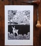 Handmade linocut print - Beltane deer in May