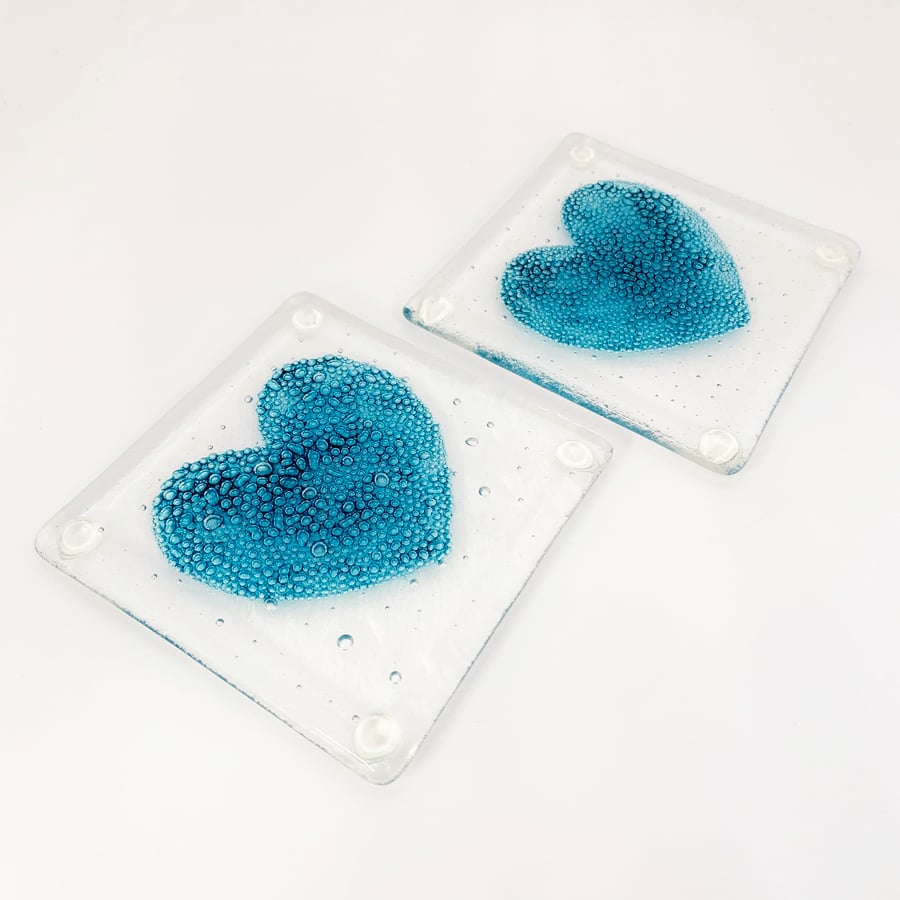Fused Glass Coasters Boxed Gift Set of 2  - Bubbly Heart Design