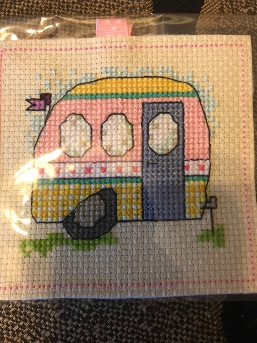Cross stitched hanging ornament of a camper caravan, camping caravan hanging dec