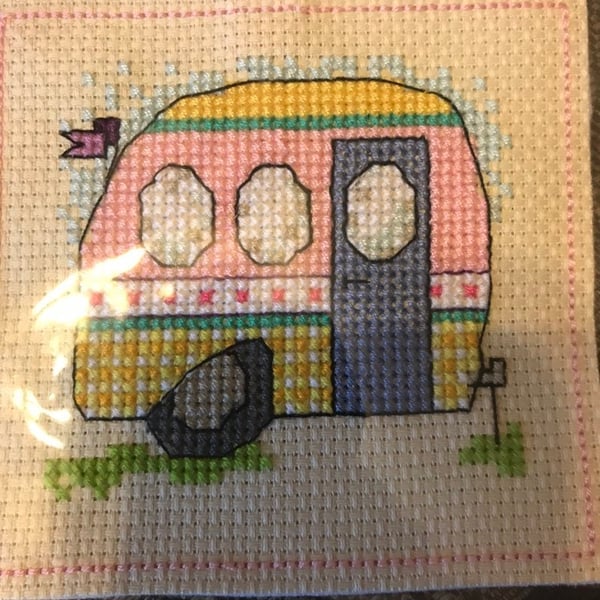 Cross stitched hanging ornament of a camper caravan, camping caravan hanging dec