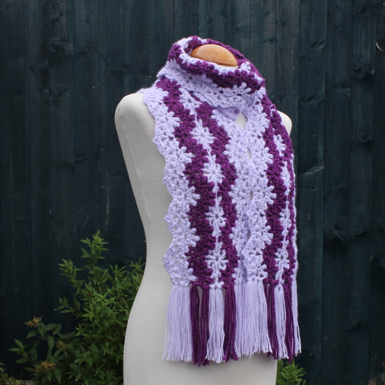 Crochet Stripey Scarf in Lilac and Purple