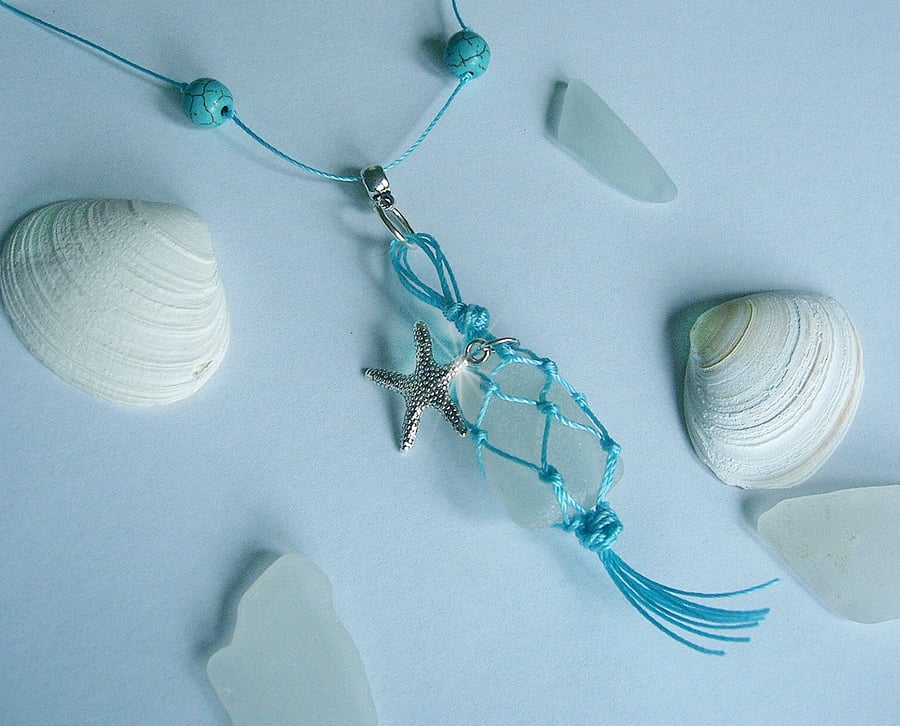 Sea glass necklace. Beach glass in a macrame fishing net