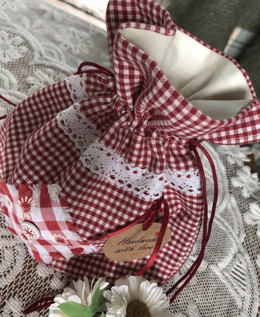Red & Ivory Gingham Drawstring Bag