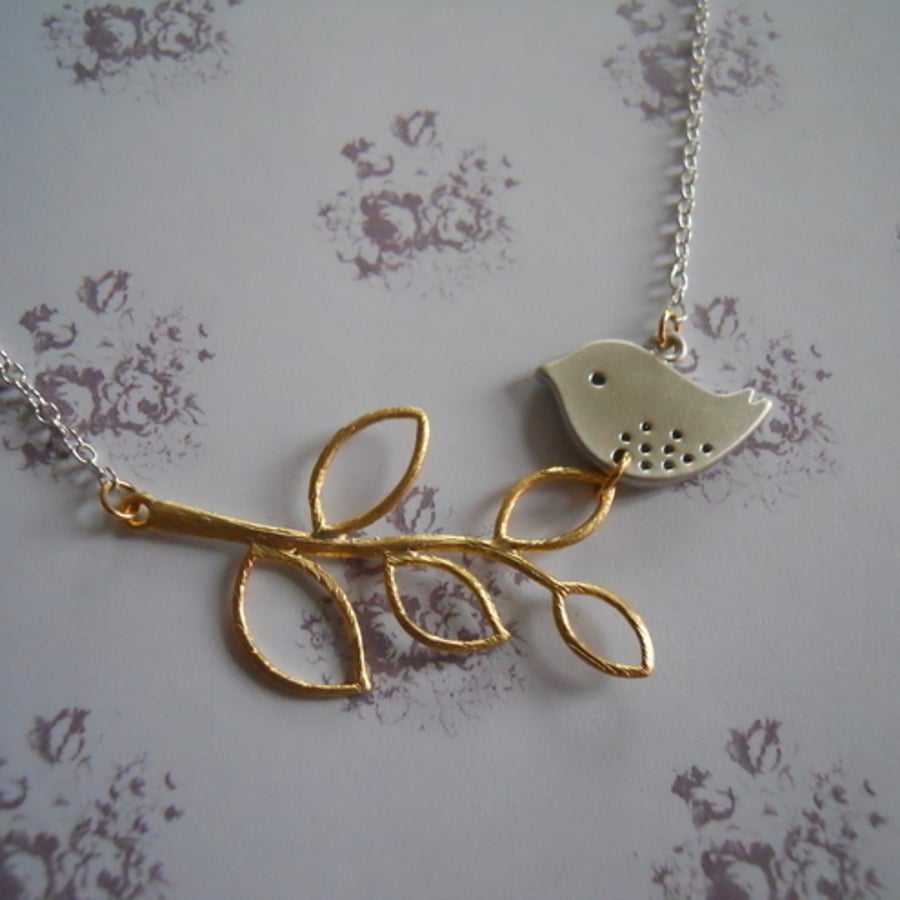  Gold and silver leaf and birdie necklace
