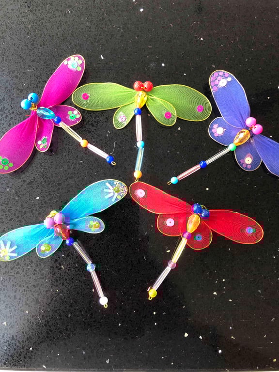 Large Beaded Wired Ornamental Dragonflies x 5 with net mesh and sequin detail