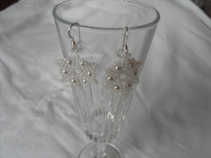 Beaded Pearl and Seed Bead Snowflake Earrings