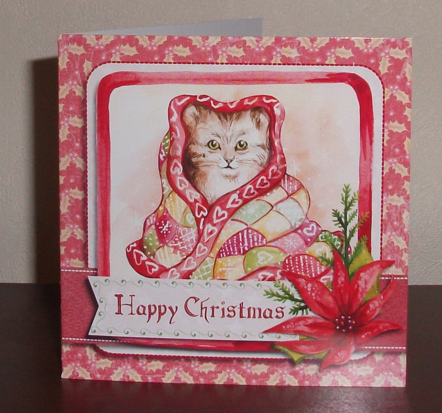 Cosy Cat in blankets Christmas card, with hand cut decoration and glitter
