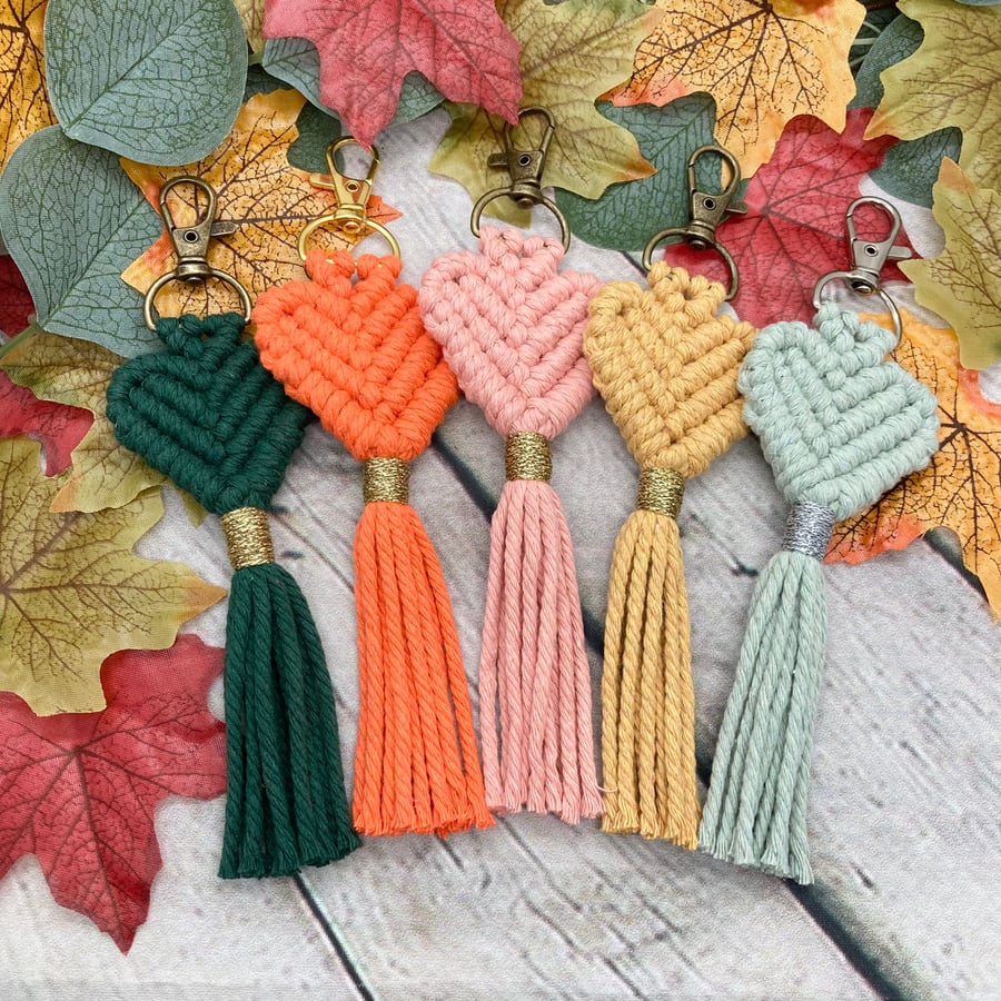 Macrame Love Heart Keyring - Handmade macrame keyring - Autumn Colours