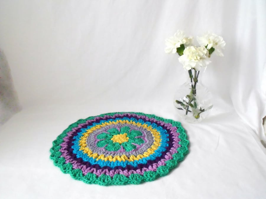 multi coloured crocheted cotton doily, 11 inch colourful crochet mandala 