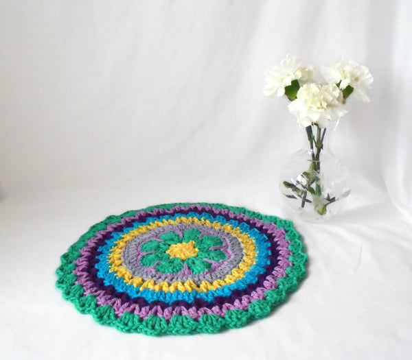 multi coloured crocheted cotton doily, 11 inch colourful crochet mandala 