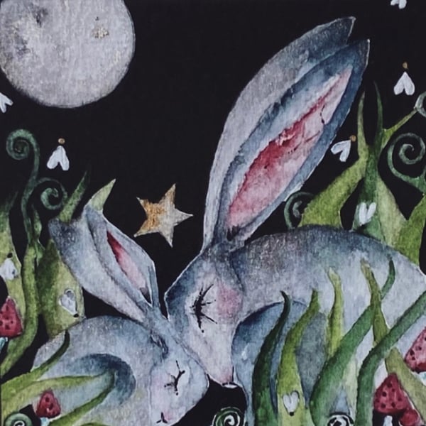 Mounted Print from my Original Resting Hares Rabbits in Moonlight Painting