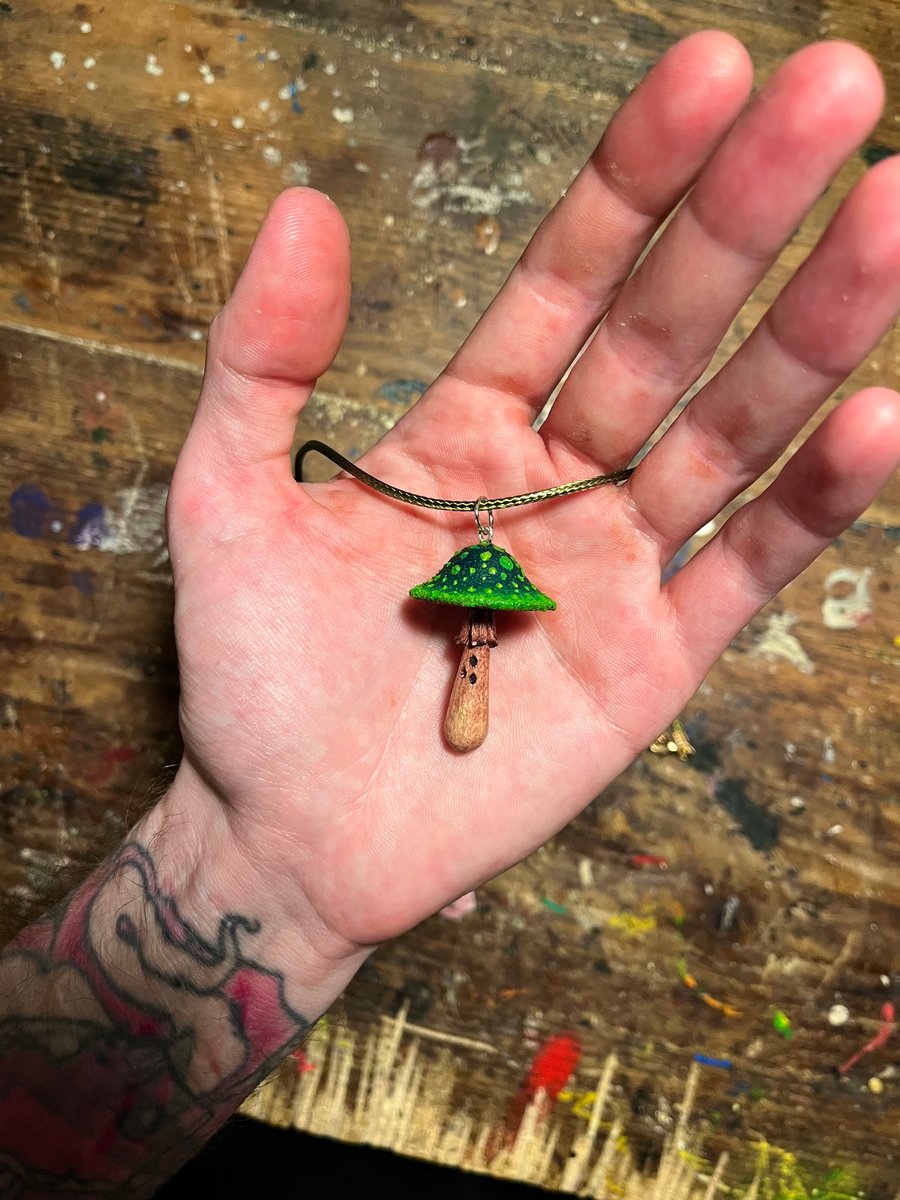 Hand Carved Green Faerie Mushroom Pendant 