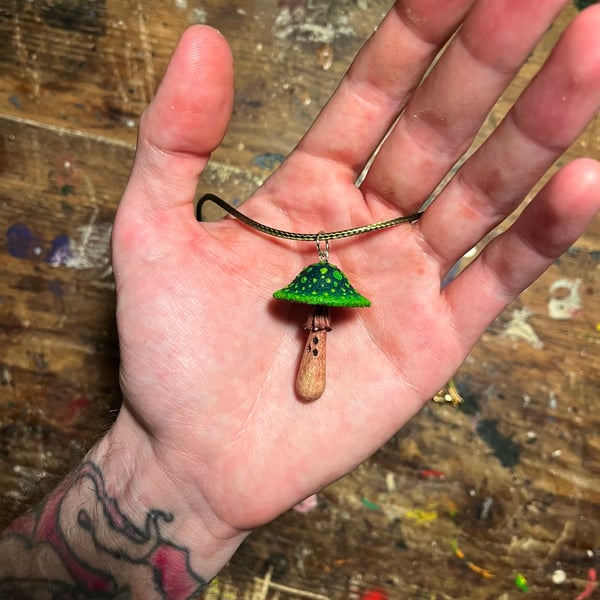 Hand Carved Green Faerie Mushroom Pendant 