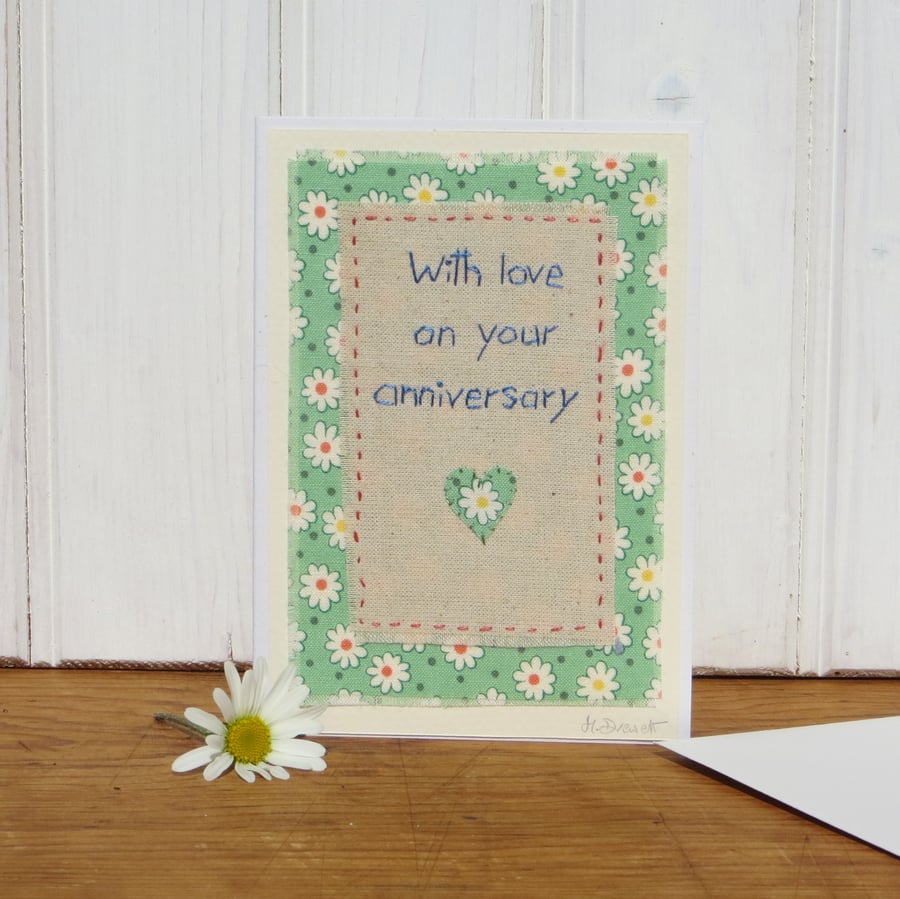 Hand-stitched Anniversary card with pretty retro flower print fabric