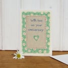 Hand-stitched Anniversary card with pretty retro flower print fabric