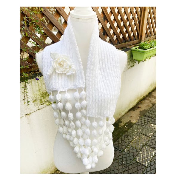White crochet shawl -neck wrap with flowers and pompoms