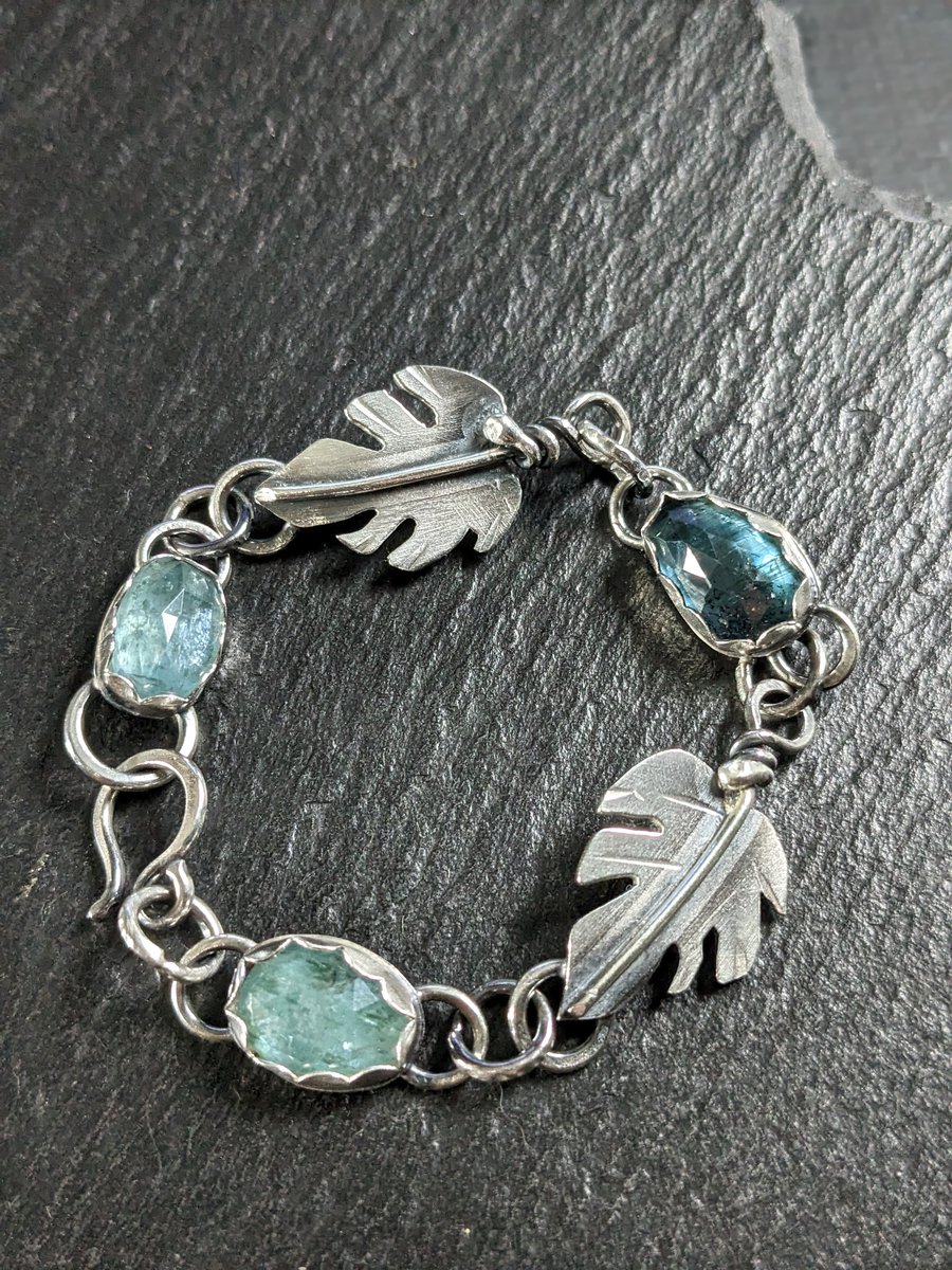 Sterling silver monstera leaf kyanite bracelet 