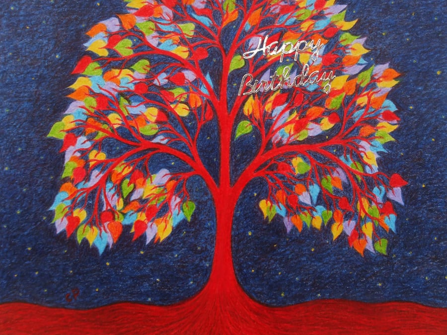 Tree Birthday Card, Rainbow Tree Card, Birthday Tree of Life Card, Tree Hearts