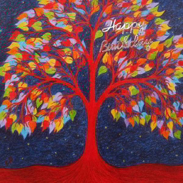 Tree Birthday Card, Rainbow Tree Card, Birthday Tree of Life Card, Tree Hearts