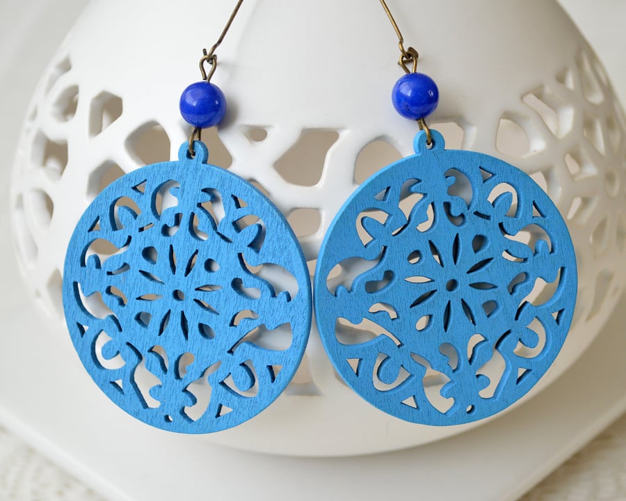 Blue Filigree Wooden Earrings