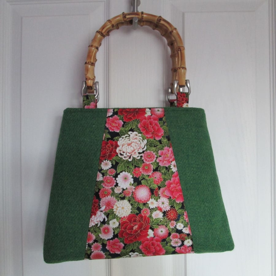 Green 'Harris Tweed' Handbag with Japanese Floral Panel & Bamboo Handles