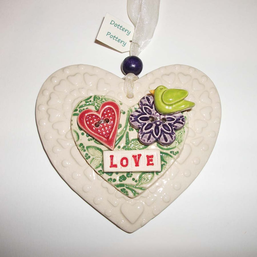  Ceramic heart decoration with flowers and bird