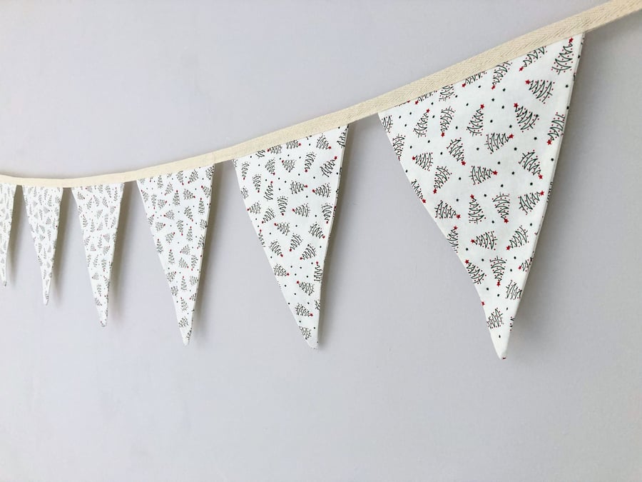 Christmas trees on cream cotton fabric double sided bunting. 