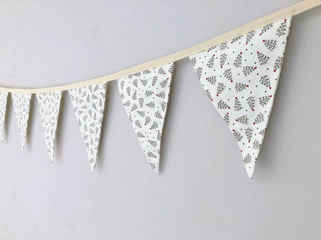 Christmas trees on cream cotton fabric double sided bunting. 