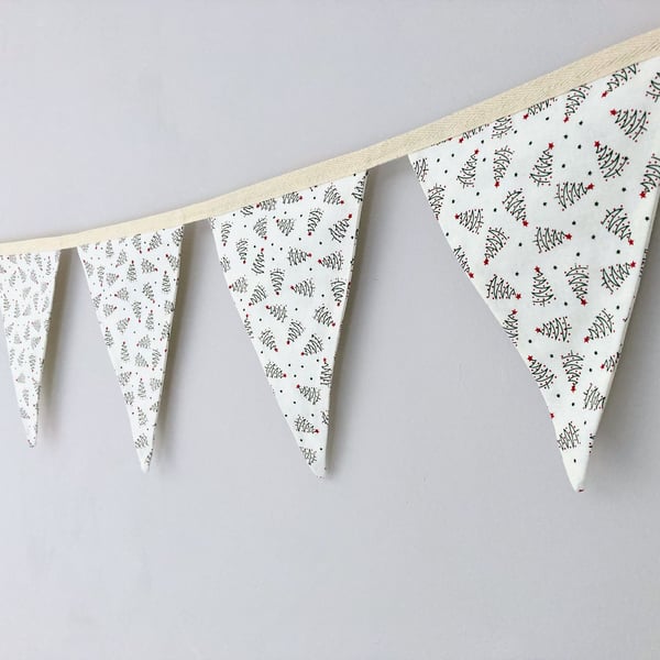 Christmas trees on cream cotton fabric double sided bunting. 