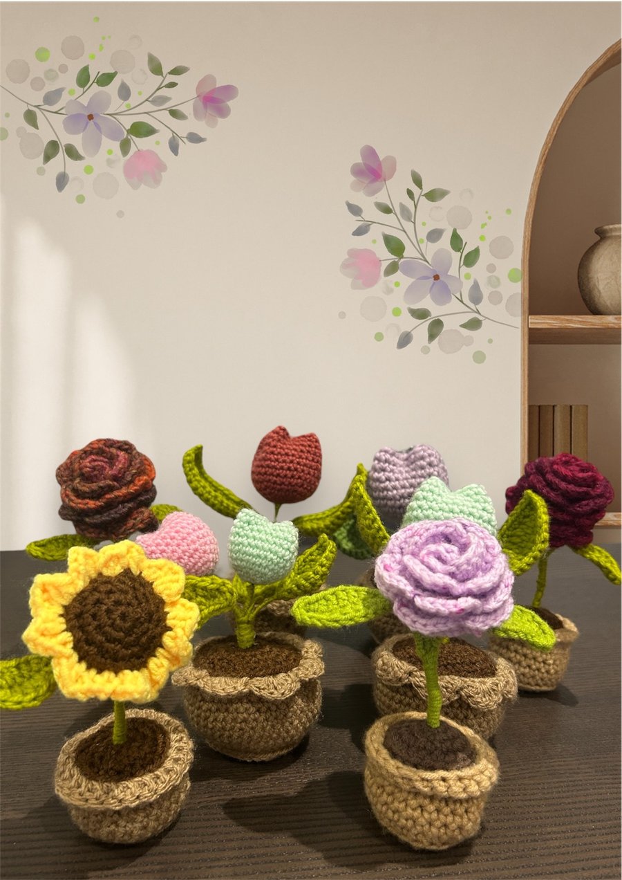 Handmade Crochet Potted Flowers Roses Sunflowers Tulips