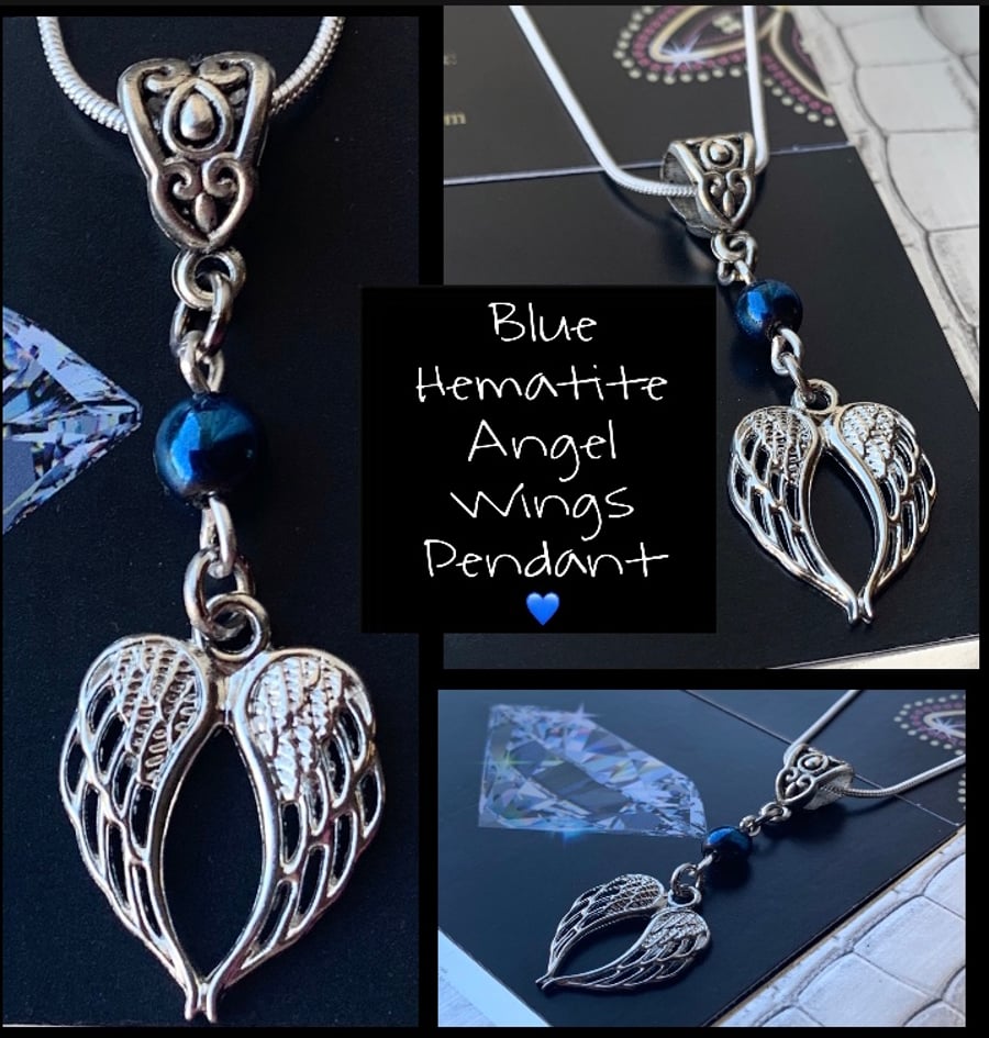 Heart Angel Wings Gemstone Pendant Blue Hematite 925 Chain 