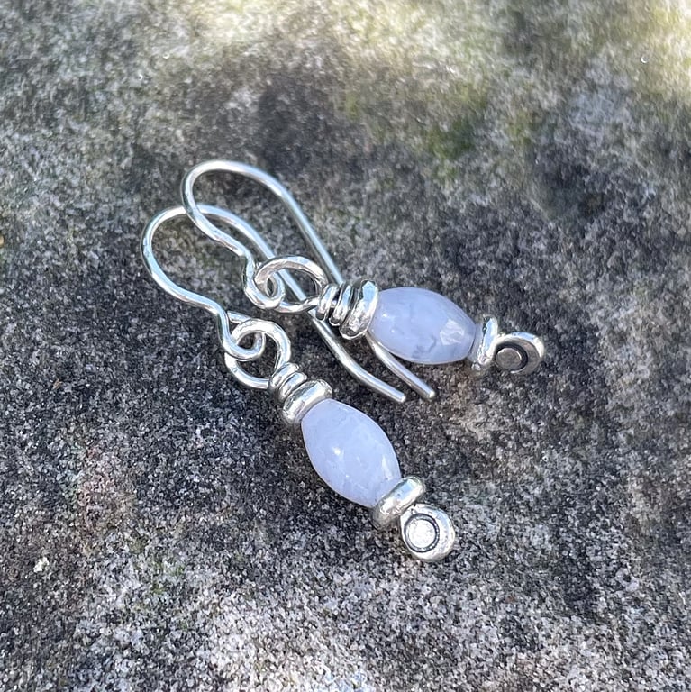 Blue lace agate and silver small drop earrings