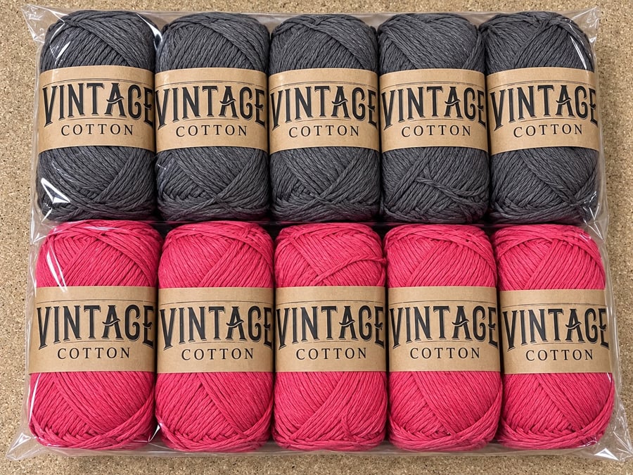 Vintage Cotton Yarn 80% Cotton Pink & Charcoal 10 Balls Knitting Crochet 1000g