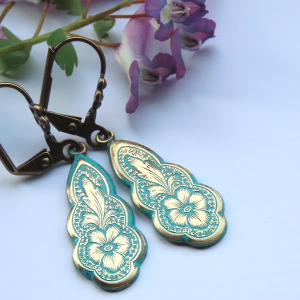 Art Nouveau Verdigris Brass Hand Painted Earrings, Boho Dangle Flower Earrings