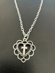 heart with cross pendant necklace silver plated 18" curb chain