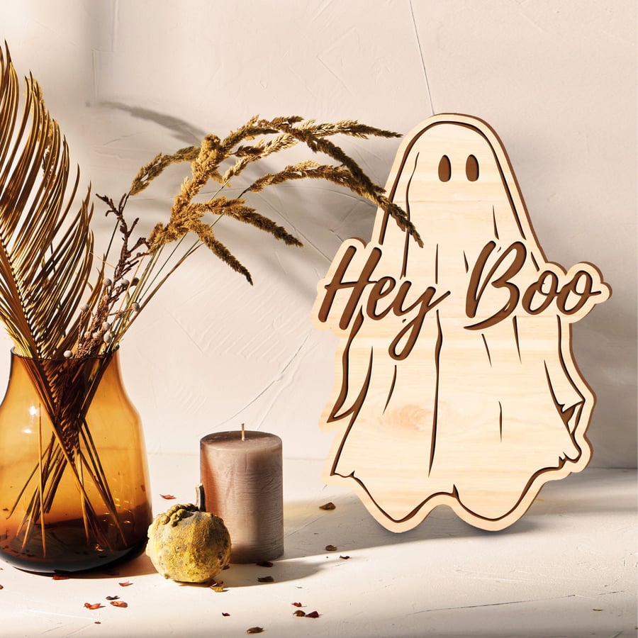 Hey Boo- Wooden Ghost Plaque Sign For Fall Cosy Aesthetic, Autumnal Vibes Mini